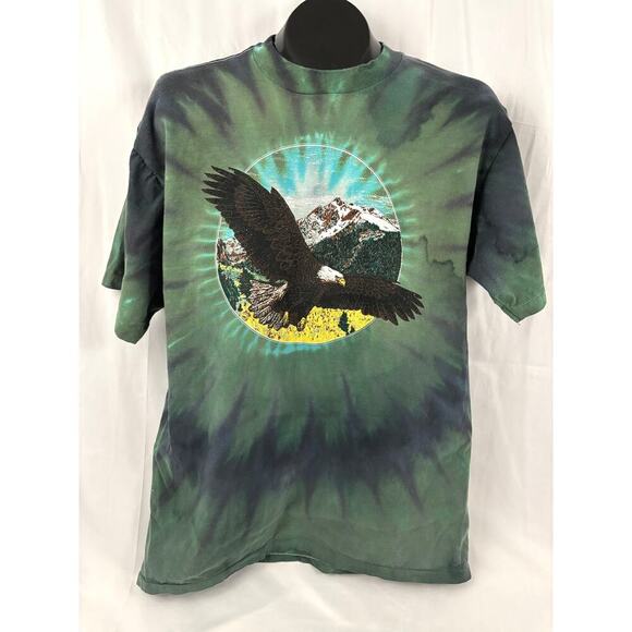 VTG 90s Green Tie-dyed Bald Eagle Flying Over Mountains T-Shirt X-LARGE - Picture 5 of 11